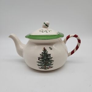 Spode Christmas Tree 6" Teapot Acorn Finial Peppermint Tea For One England Vntg